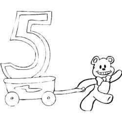 Coloriage Ourson tirant un chariot avec le chiffre cinq