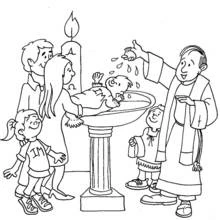 Coloriage Bapteme d'un bébé avec le prêtre et la famille