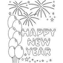 Coloriage Bonne Année ballons et feux d'artifice