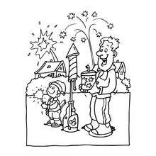 Coloriage Père et fils allumant des feux d'artifice
