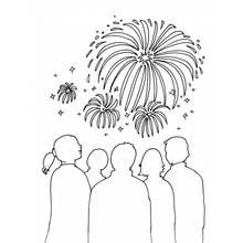 Coloriage Famille regardant les feux d'artifice du Nouvel An