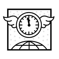 Coloriage Horloge ailée sonnant minuit au-dessus de la terre
