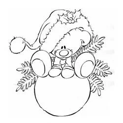 Coloriage Boule de Noël avec un ours en peluche et un bonnet de Père Noël