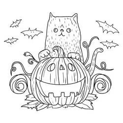 Coloriage Chat Halloween avec citrouille et chauves-souris