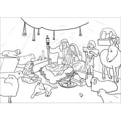 Coloriage Bergers, jeune garçon et agneau près de la crèche