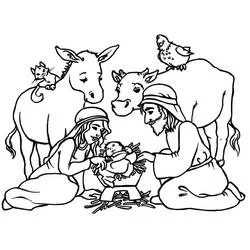 Coloriage Crèche avec Marie, Joseph et les animaux