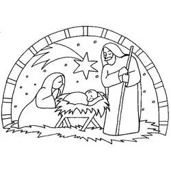 Coloriage Crèche sous voûte de pierre et paille au sol