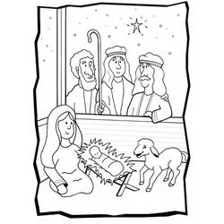 Coloriage Crèche avec trois rois mages et la sainte famille