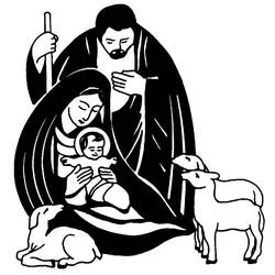Coloriage Crèche de Noël avec la Sainte Famille et des moutons