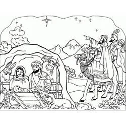 Coloriage Crèche de Noël avec l'arrivée des rois mages