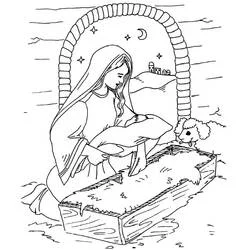 Coloriage Marie déposant l'enfant Jésus dans la mangeoire