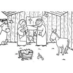 Coloriage Joseph pointant une étoile, poussins et chat