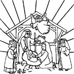 Coloriage Crèche de Noël avec la sainte famille et ses visiteurs