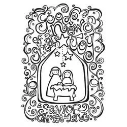 Coloriage Crèche entourée d'un texte décoratif de Noël