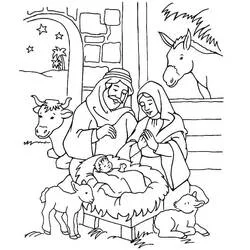 Coloriage Crèche avec la Sainte Famille et les animaux