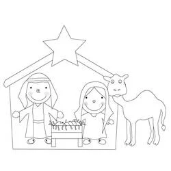 Coloriage Vache et âne près de la crèche et de l'étoile