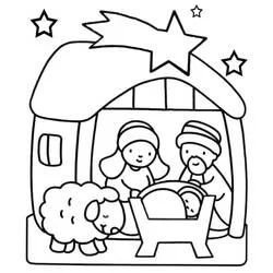 Coloriage Crèche avec mouton et étoile filante
