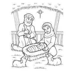 Coloriage Crèche avec Joseph, Marie et l'enfant Jésus