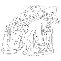 Coloriage Crèche sous un toit étoilé
