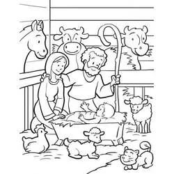 Coloriage Crèche avec cheval, vaches et poules