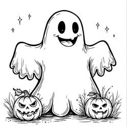 Coloriage Fantôme Halloween souriant entre deux citrouilles Coloriage Fantôme Halloween souriant entre deux citrouilles