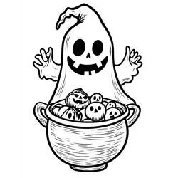 Coloriage Fantôme Halloween flottant au-dessus d'un chaudron de bonbons Coloriage Fantôme Halloween flottant au-dessus d'un chaudron de bonbons
