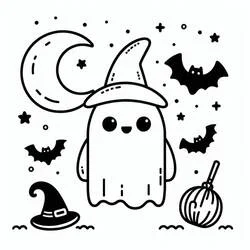 Coloriage Fantôme Halloween mignon avec chapeau de sorcière et chauves-souris Coloriage Fantôme Halloween mignon avec chapeau de sorcière et chauves-souris