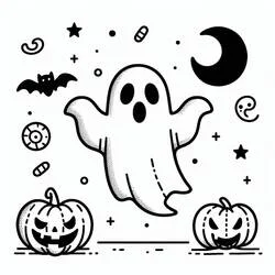 Coloriage Fantôme Halloween flottant entre deux citrouilles Coloriage Fantôme Halloween flottant entre deux citrouilles