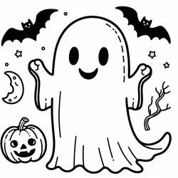 Coloriage Fantôme Halloween avec chauves-souris et citrouille Coloriage Fantôme Halloween avec chauves-souris et citrouille