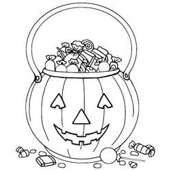 Coloriage Sac de bonbons citrouille avec visage souriant