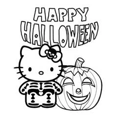 Coloriage Hello Kitty en costume de squelette avec citrouille Halloween