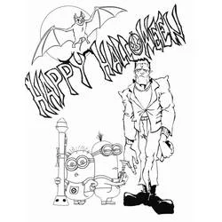 Coloriage Minions et Frankenstein avec texte Halloween