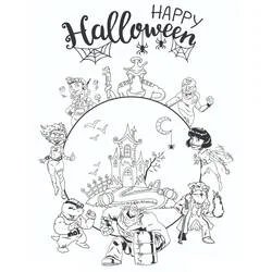 Coloriage Joyeux Halloween avec personnages effrayants et maison hantée