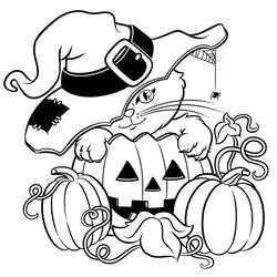 Coloriage Chaton d'Halloween avec citrouilles et chapeau de sorcière
