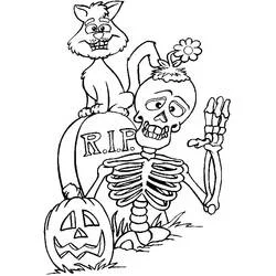Coloriage Squelette avec chat et citrouilles d'Halloween