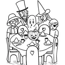 Coloriage Fête d'Halloween avec des personnages costumés à table