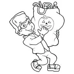 Coloriage Petit Frankenstein tenant un sac de bonbons Halloween