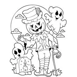 Coloriage Épouvantail à tête de citrouille avec fantômes