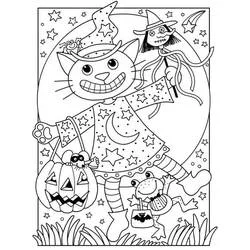 Coloriage Chat joyeux pour Halloween avec sorcière