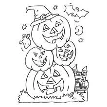 Coloriage Pile de citrouilles d'Halloween avec chapeau de sorcière