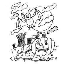 Coloriage Chauve-souris survolant une citrouille souriante