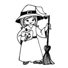 Coloriage Petite sorcière tenant une citrouille et un balai