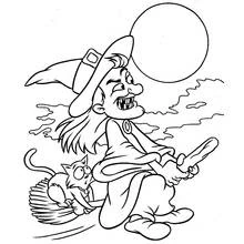 Coloriage Sorcière volant sur son balai avec un chat