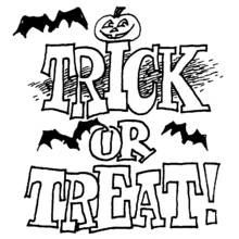 Coloriage Trick or treat en grandes lettres avec citrouille et chauves-souris