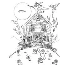 Coloriage Maison hantée sur une colline avec sorcière et fantôme