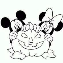 Coloriage Mickey et Minnie cachés derrière une citrouille