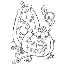 Coloriage Deux citrouilles d'Halloween sculptées avec des feuilles Coloriage Deux citrouilles d'Halloween sculptées avec des feuilles