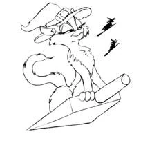 Coloriage Chat au chapeau de sorcière sur une pelle