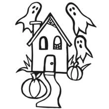 Coloriage Maison hantée avec trois fantômes et des citrouilles