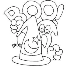 Coloriage Chapeau de sorcière avec fantôme et lettres BOO Coloriage Chapeau de sorcière avec fantôme et lettres BOO